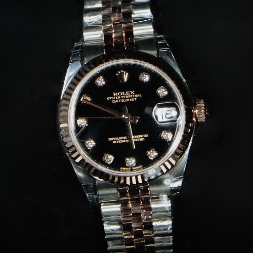 DATEJUST TWO TONE ROSE GOLD BOYSIZE BLACK PLATE DIAMONDS